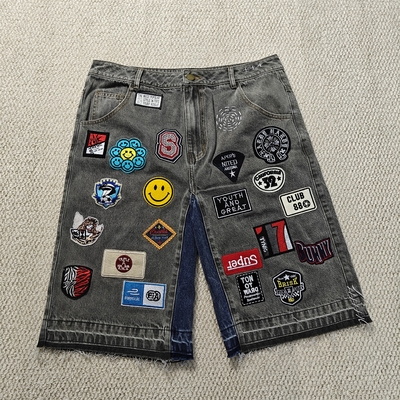kopen Op maat gemaakte borduurpatches Logo Baggy Jorts Streetwear Hoge Kwaliteit Ruwe Zoom Vintage Denim Jeans Shorts voor Heren online manufacture