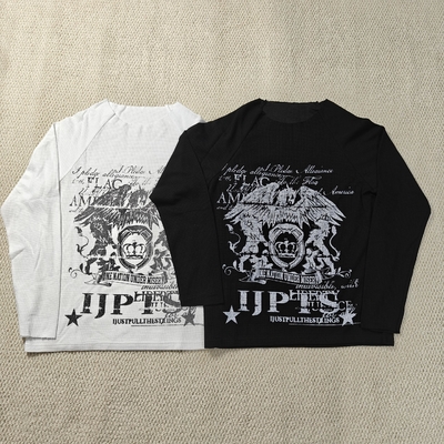 kopen Custom Streetwear Dtg Print Graphic Vintage Raw Hem Crew Neck Waffle Knit Thermal Long Sleeve T Shirt for Men online manufacture