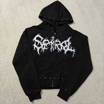 kopen Custom Distressed Embroidery Boxy Cropped Zipper Streetwear 400 gsm 600gsm Men Zip up Heavyweight Rhinestone Hoodie online manufacture