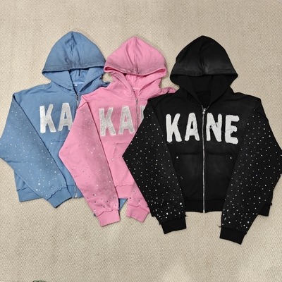 kopen Custom 2025 New Dirty Washed Mens hoodies Y2k Streetwear Vintage Distressed Applique Embroidery Rhinestone Zip up Hoodie online manufacture