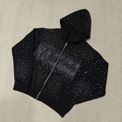 kopen Custom Bulk Luxury Shining Gemstone Oversized Rhinestone Zip up Hoodie Acid Wash Vintage Streetwear Zipped Hoodie for Men online manufacture