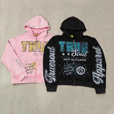 kopen Custom DTG Screen Printing Boxy Heavyweight Zipper Jackets Cotton Distressed Rhinestone Zip up Men Hoodie online manufacture