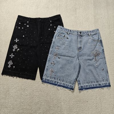 kopen Clothing Manufacturers Custom Streetwear Rhinestone Vintage Black Jeans Shorts Rhinestone Denim Shorts Jorts for Men online manufacture