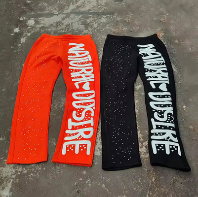Custom Rhinestone Puff Print Sweatbroek Joggers Vintage Acid Wash Flared Sweatbroek Mannen