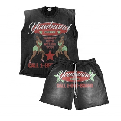 Ondersteuning Customized Logo Zonnige vervaagde zuurwas Vintage mouwloze T-shirt en korte broek Set