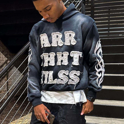 Vintage zonvervaagde zuur wassen noodgevallen patch applicatie borduurwerk geknipte capuchon mannen crop top sweatshirt