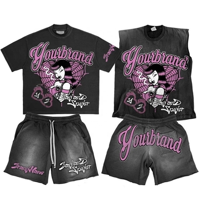 Custom Logo Acid Wash Hoodies Sweat Shorts Zwarte Crop Top en Sleeveless Tank Top Set