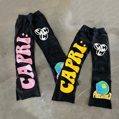 Patch Embroidery Frans Terry Acid Wash Raw Hem Distressed Flared Sweatpants Regular Fit 100% katoen