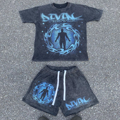 Custom Streetwear Vintage Two Piece Joggers Tshirt Stone Acid Wash Set voor mannen
