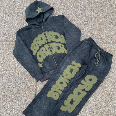 Vintage Distressed Patch Applique Borduur Hoodie Set met aanpasbare kleuren