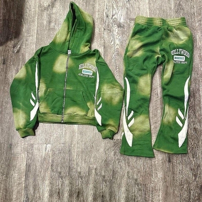 Gevaarlijke patch borduurwerk Flared sweatpants en hoodie set 400 gram stofgewicht
