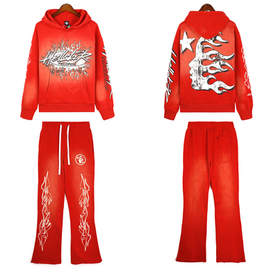 Custom Printing Tracksuit voor mannen 100% katoen Franse Terry Hoodie en Flare Sweatpants Set