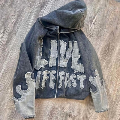 Custom Graphic Zipper Vintage Borduurwerk Patchwork Label Op maat gemaakte labels Hoodies voor mannen