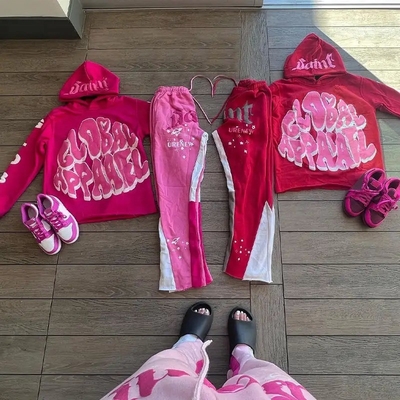 Kraag Custom Hooded Women's Y2k Sweatshirt met Zip Up Design en Flare Sweatpants Set