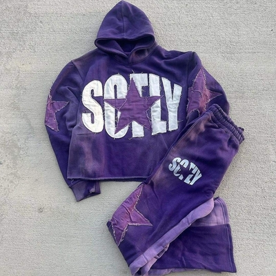 400 gram maat geborduurde hoodie set met Applique Patch en Flared Sweat Pants