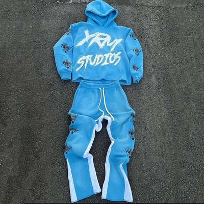 Custom Size Y2K Cut Raw Hem Hoodie en Sweatpants Set voor Streetwear voor mannen in katoen