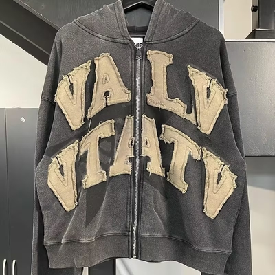 450 Gsm Zwaargewicht Frans Terry Vintage Acid Wash Distressed Patch Embroidery Hoodie