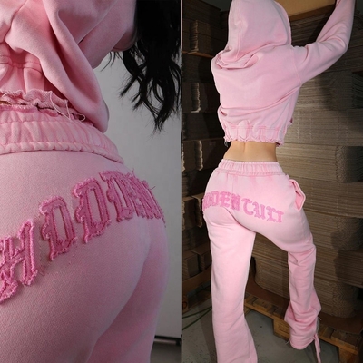 Acid wash zip up hoodie tracksuit jongens bruin vrouwen straatwear patch borduurwerk gewassen joggers