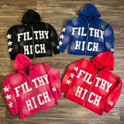Custom 300 gsm trui met hoodie met zuur wassen en vintage distressed borduurplaat