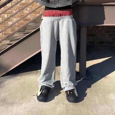 Custom Printed Logo Mensen Breed Leg Baggy Sweatpants in Frans Terry met dubbele taille sluiting