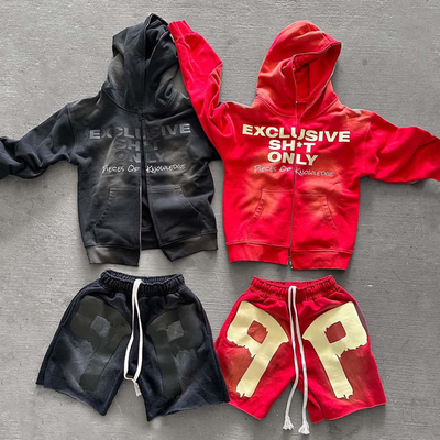 Acid Wash Zip Up Hoodie en Sweatpants Set Custom Design voor mannen