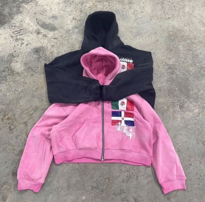 Custom Applique Embroidery Logo Zwaargewicht Oversized Unisex Hoodies Zipper Up Sleeve
