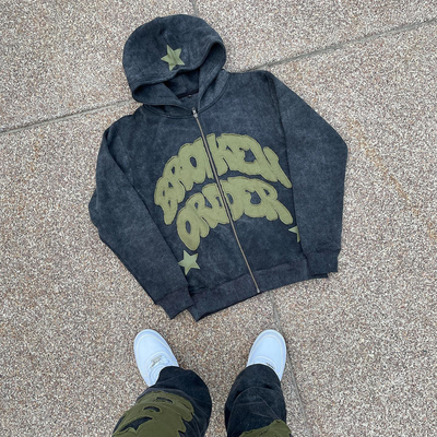 Custom oversized zon vervaagde noodgevallen zip up geborduurde patch hoodie set