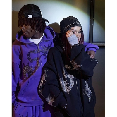 Y2k Streetwear Unisex Mensen Hoodies en Sweatpants Set met Rhinestone Hoodie