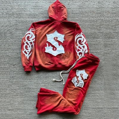 Mensen Acid Wash Sun Vervaagde Flared Sweatpants Set met Custom Patch Embroidery Logo
