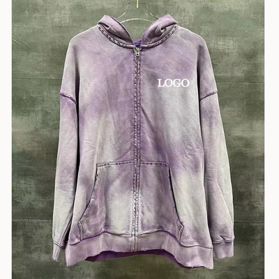 Vintage Distressed Ripped Tie Dye Zip Up Hoodies Naalddetectie en Custom Pattern