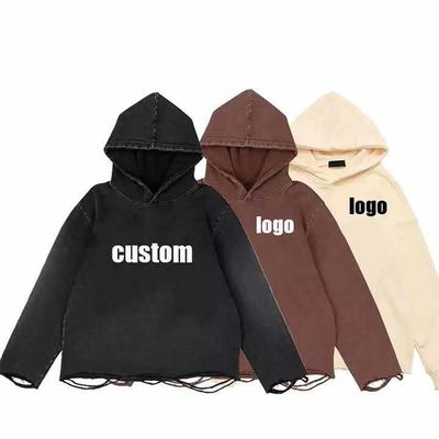Cotton Custom Logo Vintage Distressed Acid Gewassen Losgeknipte Hoodie Mannen Streetwear