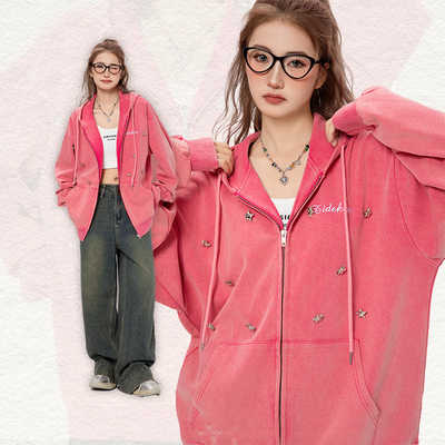 Custom Y2k Girls Rhinestone Bling Star Zip Up Hoodies in S-6XL of maat