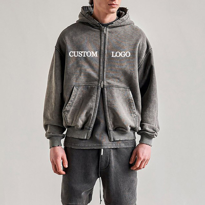 Straatkleding Verstoorde gescheurde gewassen aangepaste hoodies katoen dubbele rits hoodie voor mannen