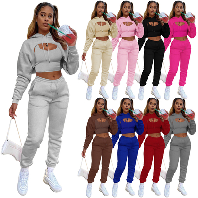 Gedrukte roze vrouwen trainingen 3 stukken set Crop Top Hoodie en joggers Cropped Hoodies