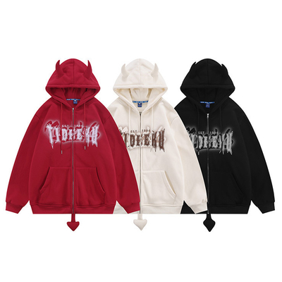 8 oz 12 ounce zak met hoed Devil Horn Printed Fleece Blank Unisex Paar mannen Oversized Full Zip Up Pullover