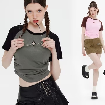 Gepersonaliseerde Amerikaanse Retro Street Stitching Contrast Kleur Y2K T-Shirt Zomer voor vrouwen