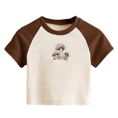 Dames T-shirt met grafiek en borduurwerk met schattige paddenstoelen en Raglan mouwen