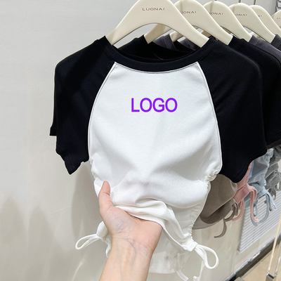 Custom Y2K Ribbed Cotton Contrast Kleur Crop Top Geboogd Draadband Korte mouwen Vrouwen