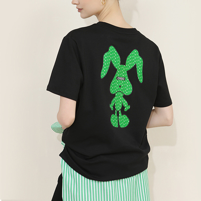 Vrouwen Duurzaam Zwart Konijn Grafisch Print Cotton Drop Schouder Ronde Nek T-shirts