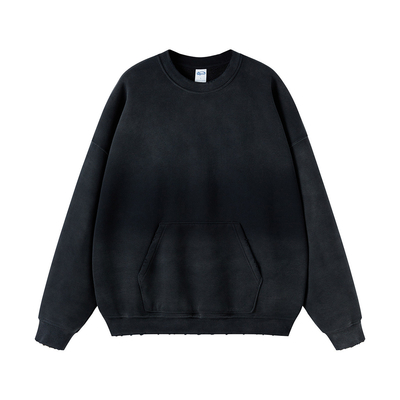 360 gram Sproeid geverfd Gewoon geverfd Mensen zwart Gewassen gewassen crewneck sweatshirt Regelmatige mouwen