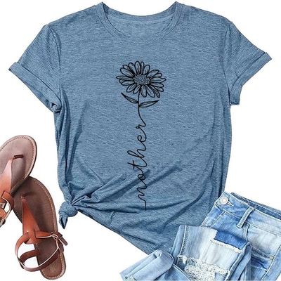Warmte-transfer print T-shirts voor vrouwen Zomermoeders Mama Zonnebloem Bloem Casual