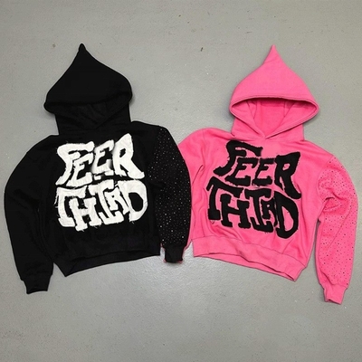 Cotton gebreide straatkleding gekweld pleisterwerk geknipt zwart roze strass hoodie met strass
