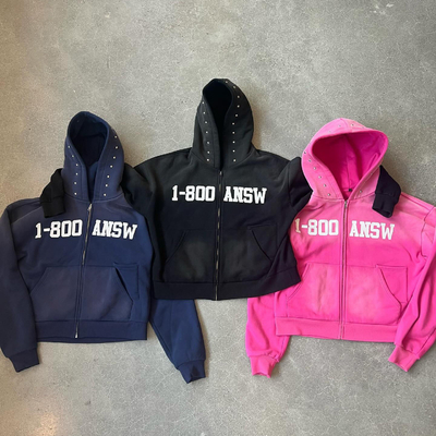 Custom Acid Wash Zon Vervaagde Rivet Strass Gesneden Boxy Fit Zip Up Hoodie Katoen Zwaargewicht 400gm
