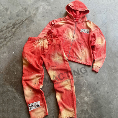 Vintage zonvervaagde zuurwas sportschort Custom Strass Distressed Hoodie En Sweatpants Set