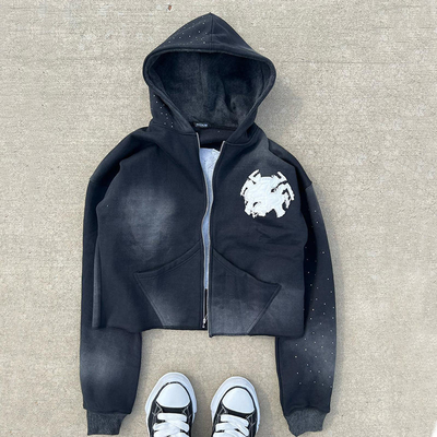 Zip Up Acid Wash Hoodies Geprezen Borduurwerk Applique Custom Franse Terry Crop Top