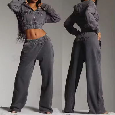 Gepersonaliseerde vrouwen Sweatsuit Acid Wash Zip Applique Distressed Embroidery Patch Cropped Hoodie en Sweatpants
