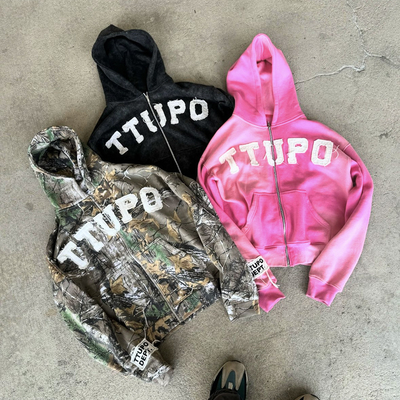 Men's Custom Zip Up Hoodie in Vintage stijl met Camo Distressed Borduurwerk
