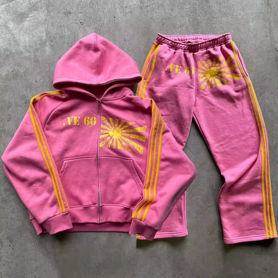 Persoonlijke schermdruk Logo strepen sportschoen vintage zuur gewassen Zip Up Hoodie And Jogger Sweat Pant