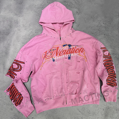 Custom Rhinestone Geplakte 100% katoen 500 gsm Zwaargewicht Zip Up Vintage Cropped Distressed Acid Wash Hoodie