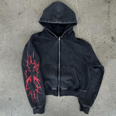 Custom Logo Screen Print Stressed No Drawstring Double Zip Up Acid Wash Heavy Weight Boxy Cropped Hoodie mannen